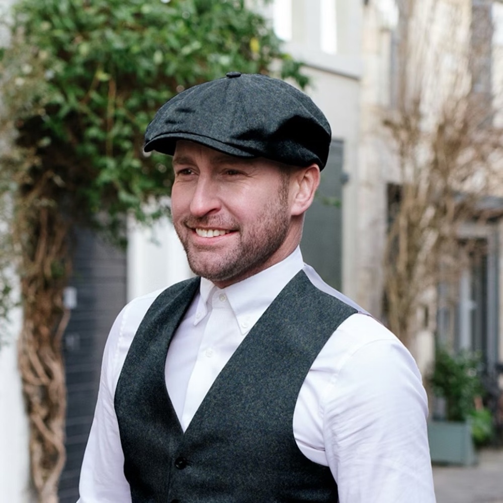 Scottish Harris Tweed Eight Quarter Newsboy Cap - Evergreen - Sz Men's Med.